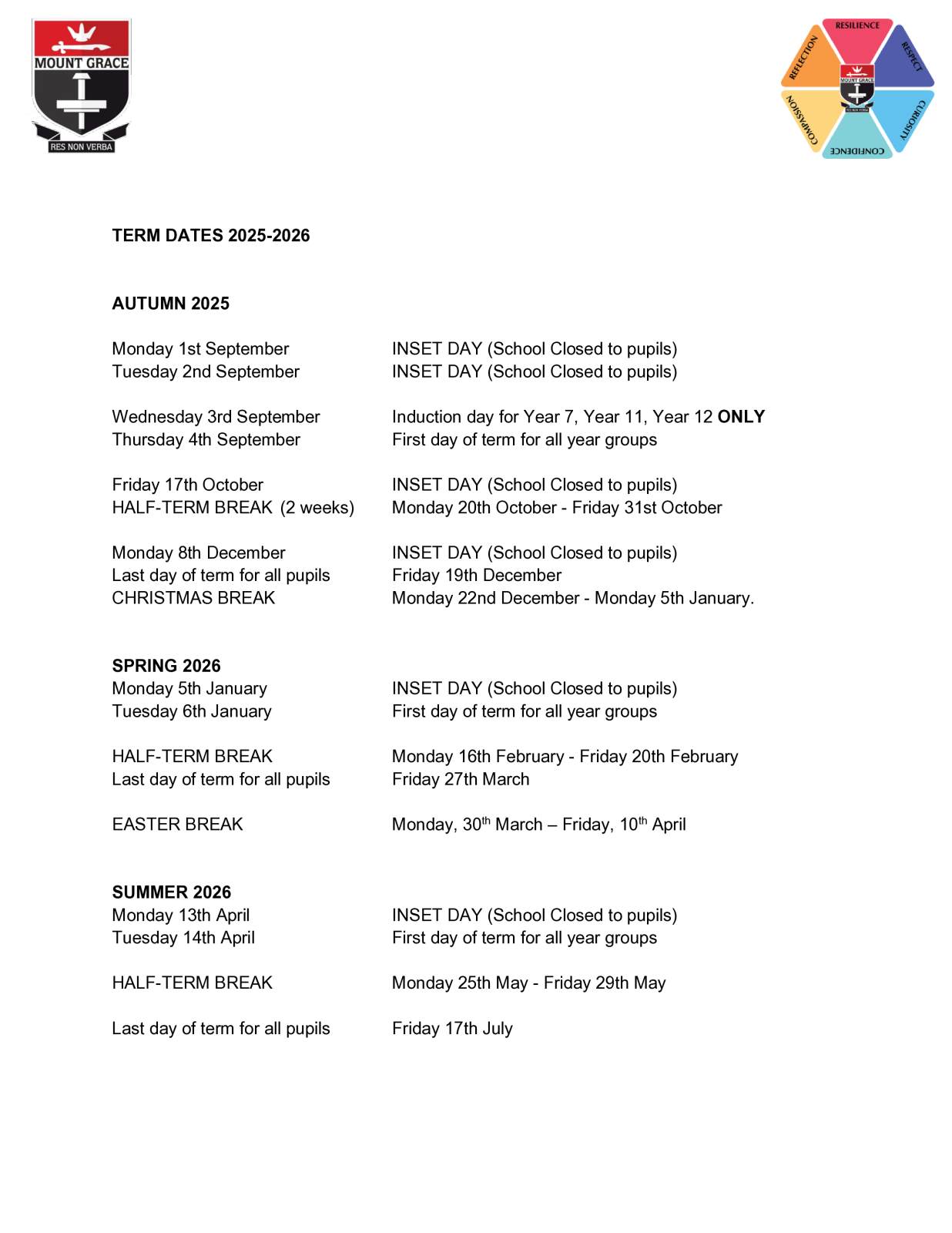Mount Grace School Term Dates 2025-26